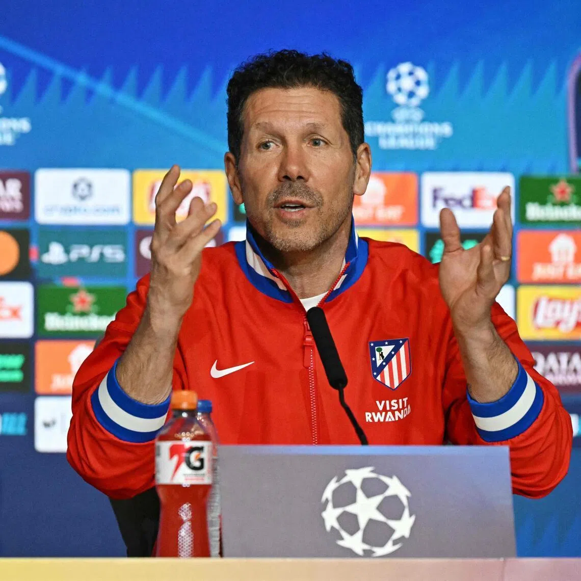 Atletico Madrid's Argentinian coach Diego Simeone giving a press conference on the eve of their Champions League last 16, first leg match against Tottenham Hotspur at the Metropolitano Stadium in Madrid on March 9, 2026. 