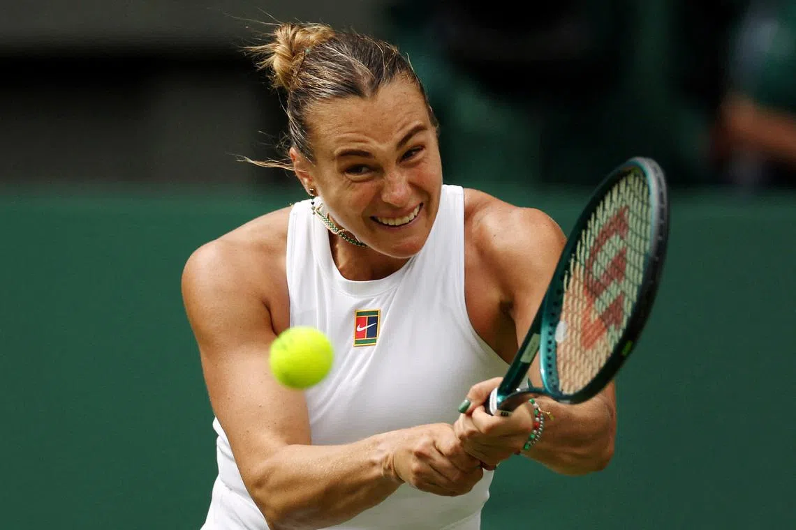 Tennis - Wimbledon - All England Lawn Tennis and Croquet Club, London, Britain - July 2, 2025 Belarus' Aryna Sabalenka in action during her second round match against Czech Republic's Marie Bouzkova REUTERS/Isabel Infantes/File Photo