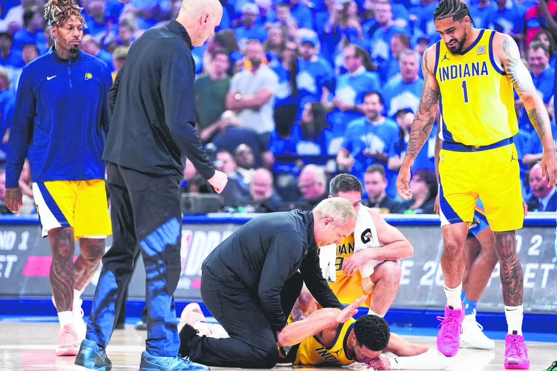 Indiana Pacers guard Tyrese Haliburton after suffering an injury during the first quarter against the Oklahoma City Thunder.