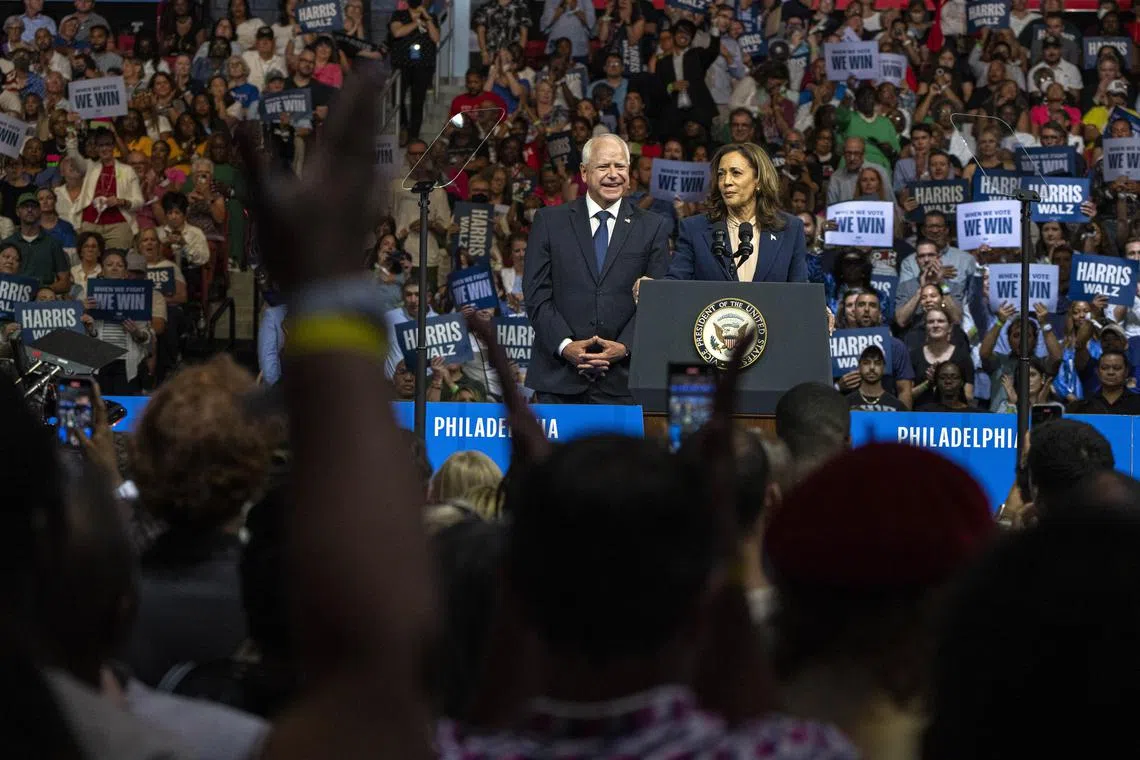 Vice President Kamala Harris and her running mate, Gov. Tim Walz of Minnesota, during a campaign rally at Liacouras Center at Temple University in Philadelphia, Tuesday, Aug. 6, 2024. Kamala Harris and Tim Walz will be feted as their party’s nominees during the convention in August. (Hiroko Masuike/The New York Times)