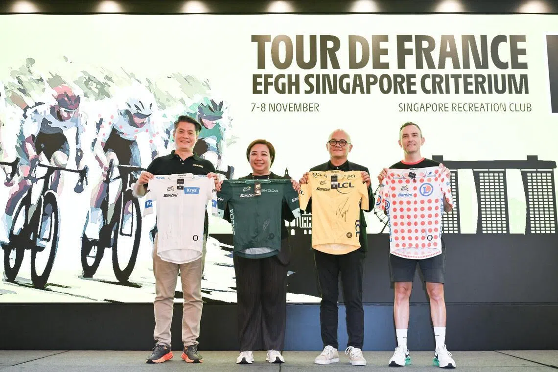 (From left) Eugene Leow, EFGH group chief of global communications; Agnes Goh, managing director of Evoke Exp; Dennis Ng, EFGH executive chairman and Mark Chadwick, the Singapore Cycling Federation's national endurance coach at the launch of the 2026 Tour de France Singapore Criterium on May 18.