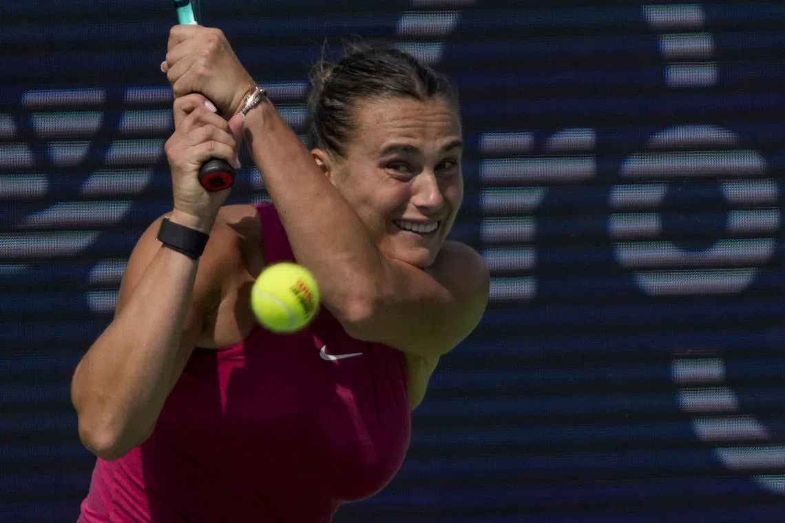 Aug 19, 2024; Mason, OH, USA; Aryna Sabalenka returns a shot in the first set of the women’s championship match of the Cincinnati Open at the Lindner Family Tennis Center in Mason, Ohio, on Monday, Aug. 19, 2024. Aryna Sabalenka defeated Jessica Pegula in straight sets, 6-3, 7-5, for the championship. Mandatory Credit: Sam Greene-USA TODAY Sports