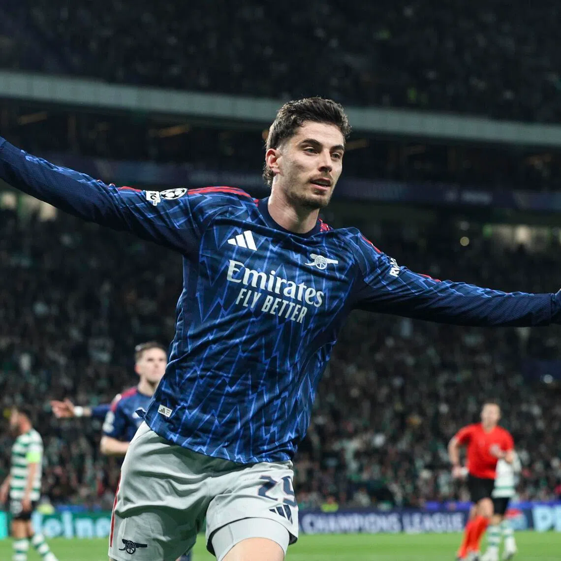Arsenal's Kai Havertz celebrating after scoring the winner against Sporting Lisbon in the Gunners' 1-0 away win in the first leg of their Champions League quarter-final on April 7. 