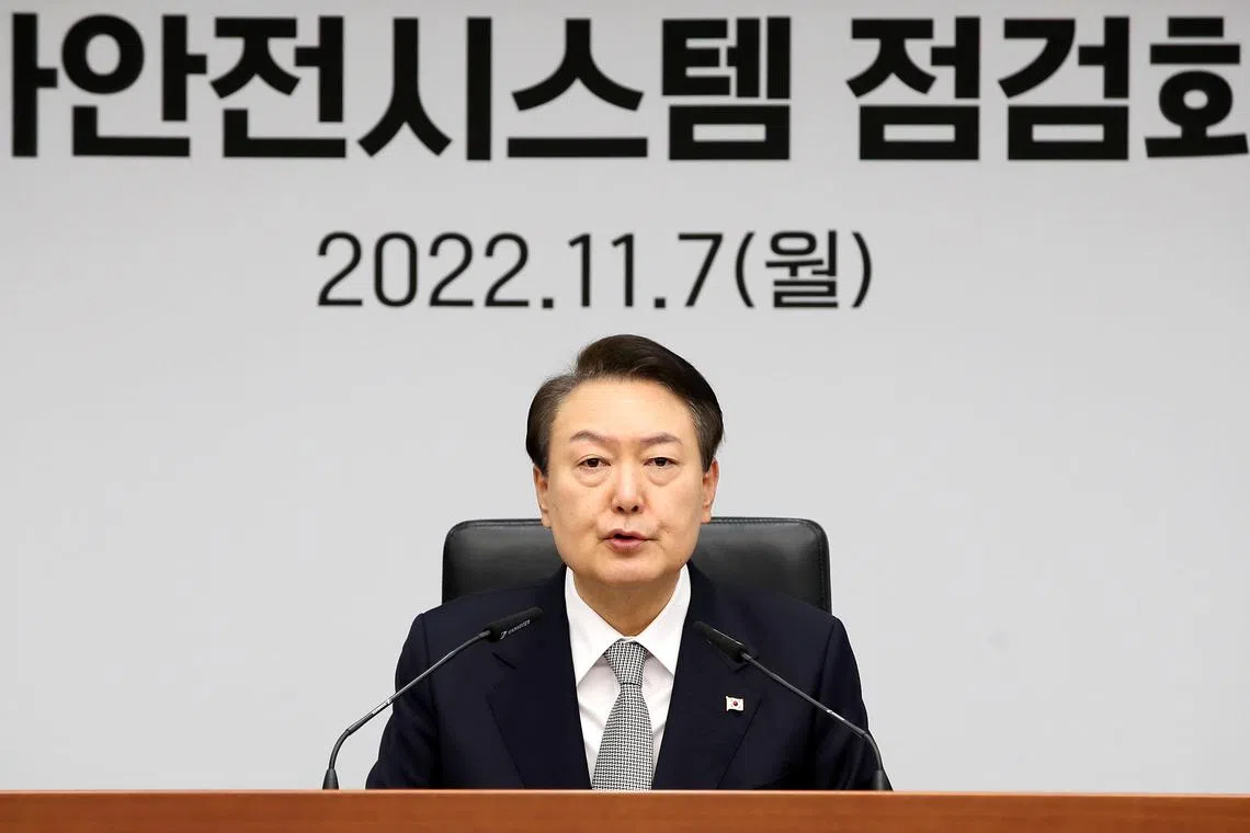 President Yoon Suk-yeol speaks during a meeting at the presidential office in Seoul on Nov 7, 2022. 
