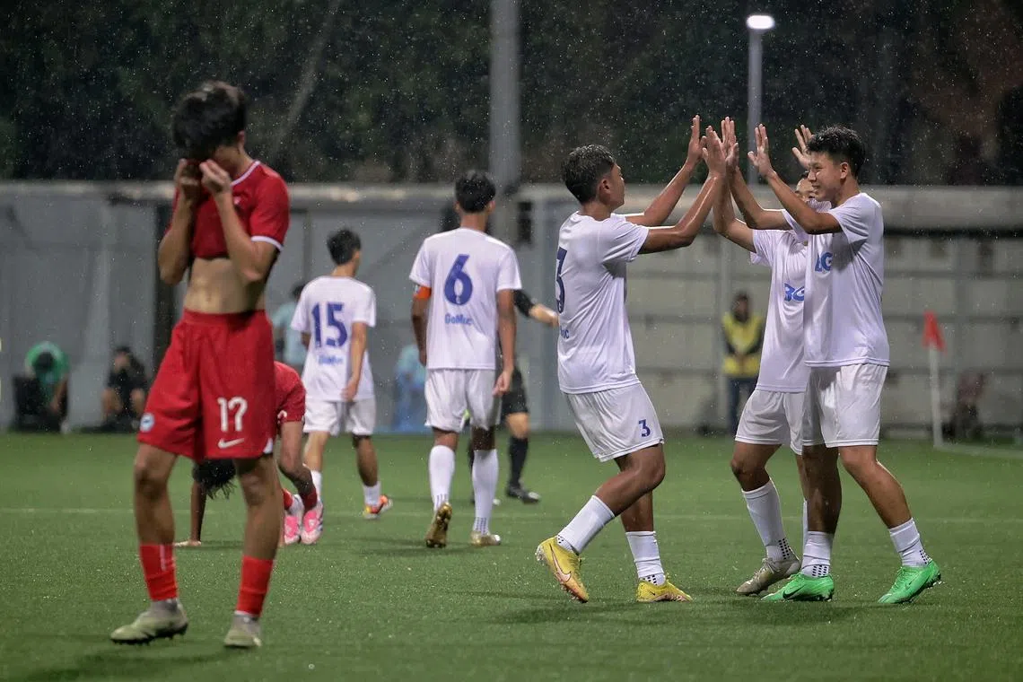 BG Pathum United U-16 players celebrate after defeating Singapore U-16 (in red) in the 2024 Lion City Cup semi-final on Oct 4.