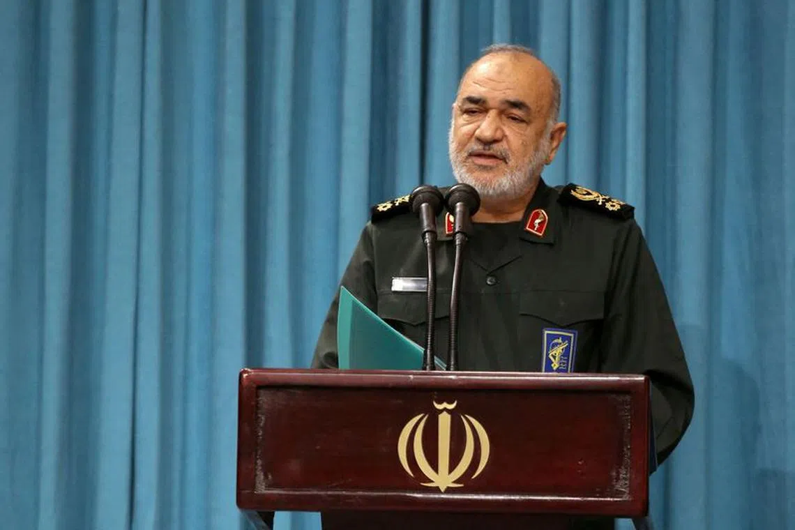 Islamic Revolutionary Guard Corps (IRGC) Commander-in-Chief Major General Hossein Salami speaks during a meeting with Iran's Supreme Leader Ayatollah Ali Khamenei in Tehran, Iran August 17, 2023. Office of the Iranian Supreme Leader/WANA (West Asia News Agency) via REUTERS/File Photo