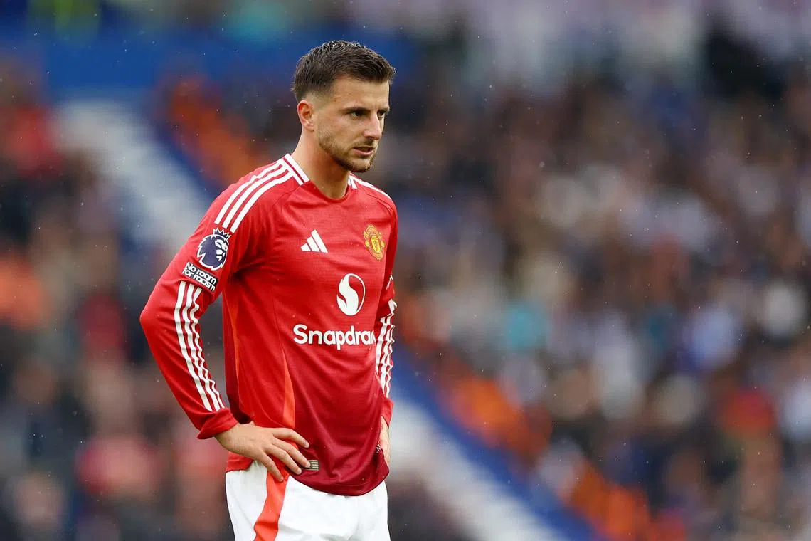 FILE PHOTO: Soccer Football - Premier League - Brighton & Hove Albion v Manchester United - The American Express Community Stadium, Brighton, Britain - August 24, 2024 Manchester United's Mason Mount reacts Action Images via Reuters/Matthew Childs/File photo