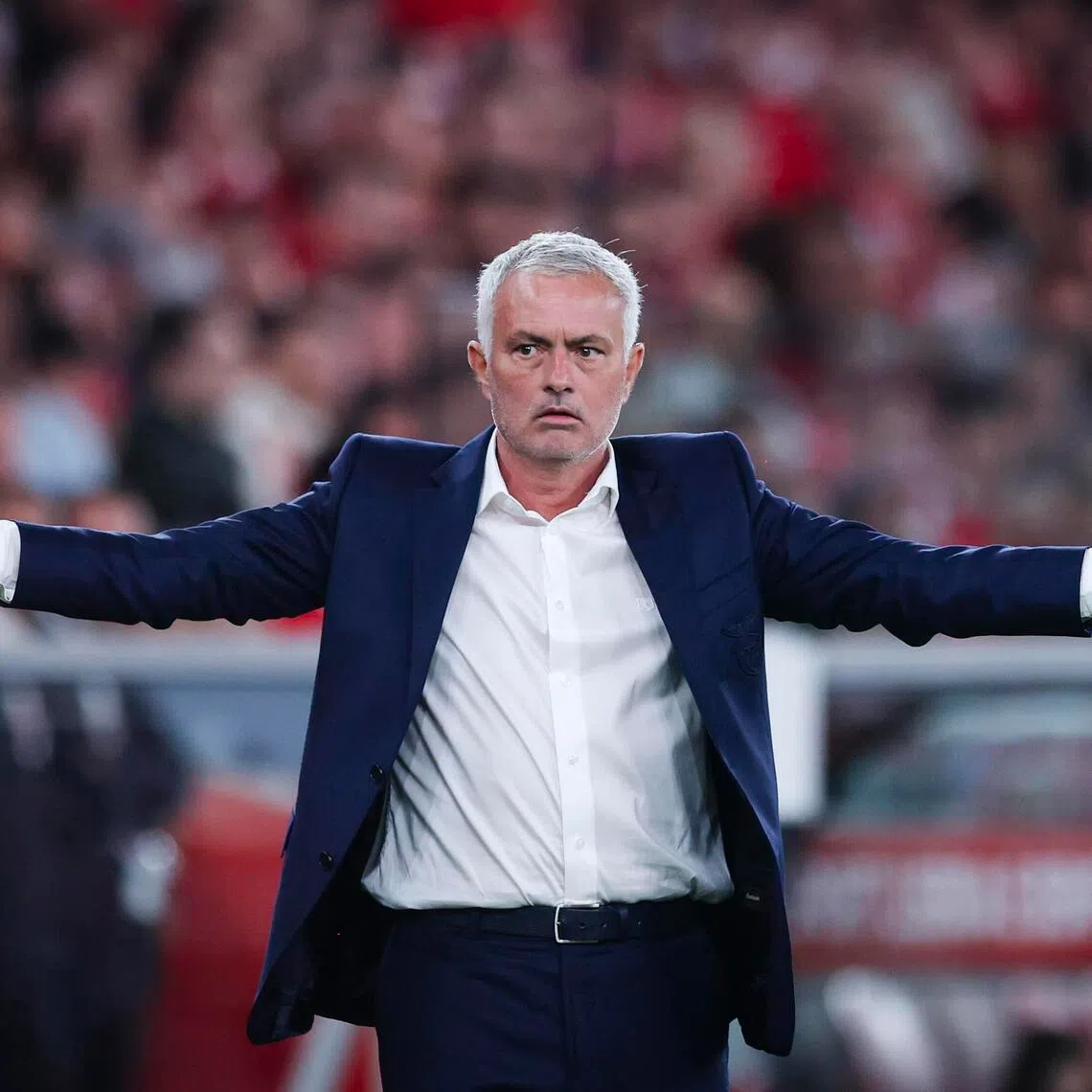 Benfica coach Jose Mourinho reacting during the 2-1 Portuguese Primeira Liga win over Gil Vicente FC in Lisbon on Sept 26, 2025.