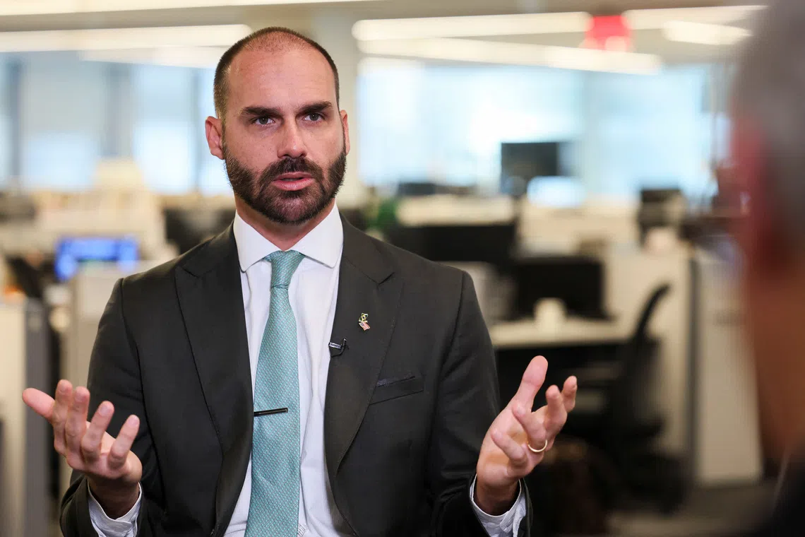 FILE PHOTO: Brazilian lawmaker Eduardo Bolsonaro sits down with Reuters to discuss his efforts to put U.S. pressure on Brazil to halt the trial of his father, right-wing former Brazilian President Jair Bolsonaro, in Washington, D.C., U.S., August 14, 2025. REUTERS/Jessica Koscielniak/ File Photo