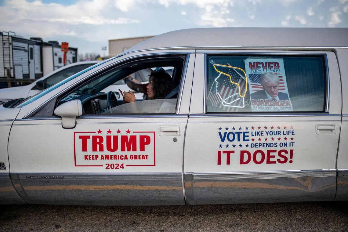 Participants in the "Take Our Border Back" convoy arrive at Cornerstone Childrens Ranch near Quemado, Texas on February 2, 2024. The convoy carrying those opposed to illegal immigration began on January 29, 2024 with final rally locations on February 3, 2024, in Eagle Pass, Texas, Yuma, Arizona and San Ysidro, California. US immigration reform has become the focus of a high-stakes political battle, with President Joe Biden and Donald Trump locking horns over one of the hottest issues of the 2024 election. The Republican has been hammering his Democratic successor over record numbers of undocumented migrants being picked up by patrols at the southern border. (Photo by SERGIO FLORES / AFP)