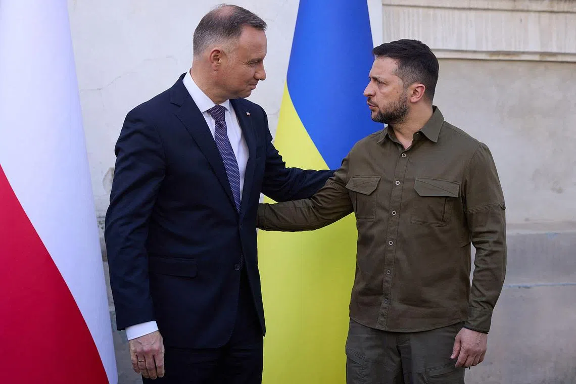 Polish President Andrzej Duda (left) with Ukrainian President Volodymyr Zelensky, during a visit to Ukraine in July 2023.