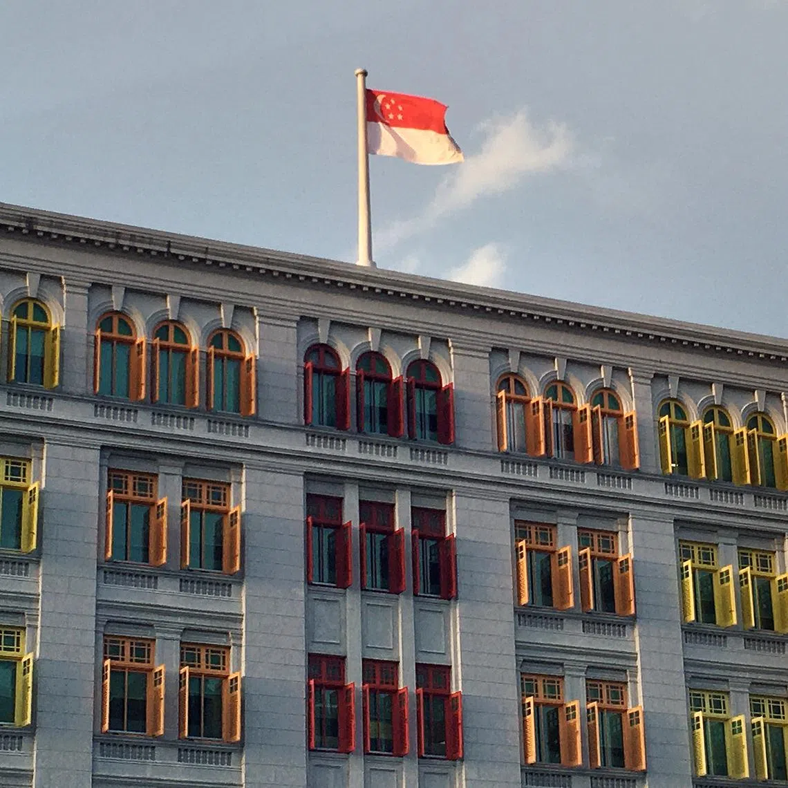 generic / ST20220115_202264627814 / Alphonsus Chern //

Generic photograph of the Singapore flying atop the Ministry of Communications and Information (MCI) building. 15 January 2022.