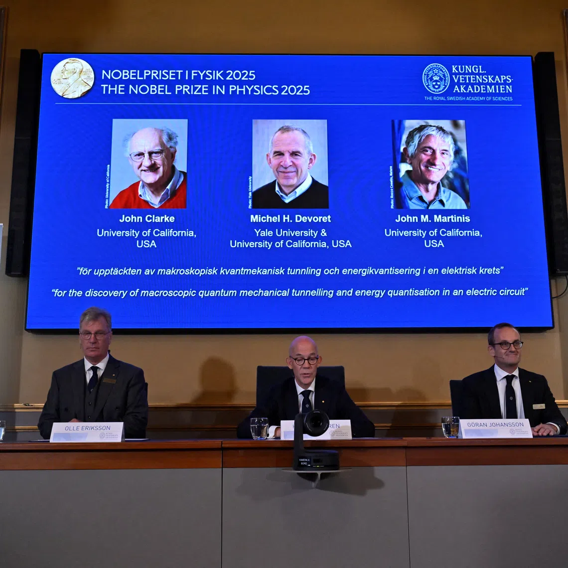John Clarke, Michel H Devoret and John M. Martinis are announced this year's Nobel Prize winners in Physics, by the Royal Swedish Academy of Sciences at a press conference in Stockhom, Sweden October 7, 2025. TT News Agency/Christine Olsson via REUTERS