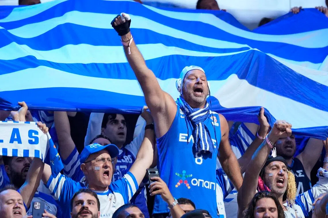 Greece fans in the stands during their Eurobasket semi-final win over Greece on Sept 12, 2025. NBA commissioner Adam Silver has said talks are under way with Fiba but the Euroleague of European clubs, dominated by Greek, Turkish and Spanish clubs, has expressed strong opposition to an NBA expansion.