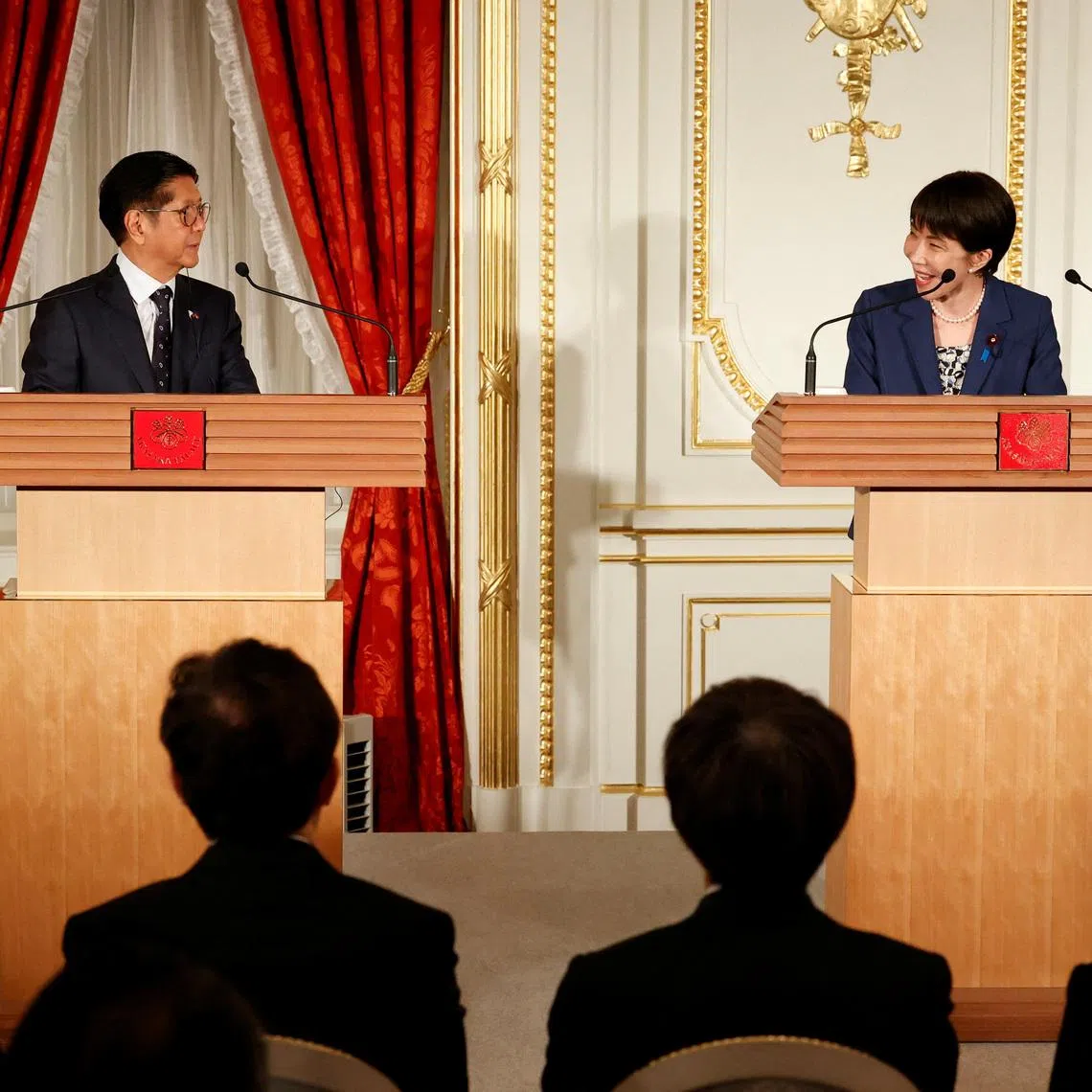 Japanese Prime Minister Sanae Takaichi and Philippine President Ferdinand Marcos Jr. attend a joint press conference at the Akasaka Palace State Guest House on May 28, 2026, in Tokyo, Japan. Rodrigo Reyes Marin/Pool via REUTERS