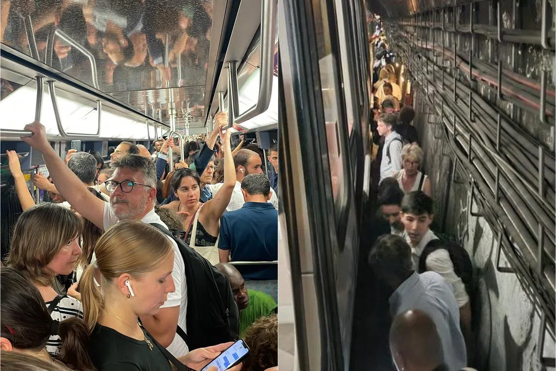 Social media users shared footage of passengers crammed inside carriages and walking through tunnels to the next station.