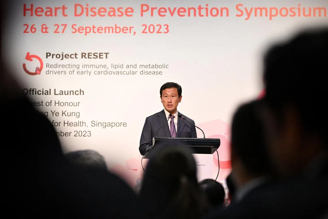 Health Minister Ong Ye Kung at the official launch of Project Reset at the Heart Disease Prevention Symposium on Sept 27, 2023.