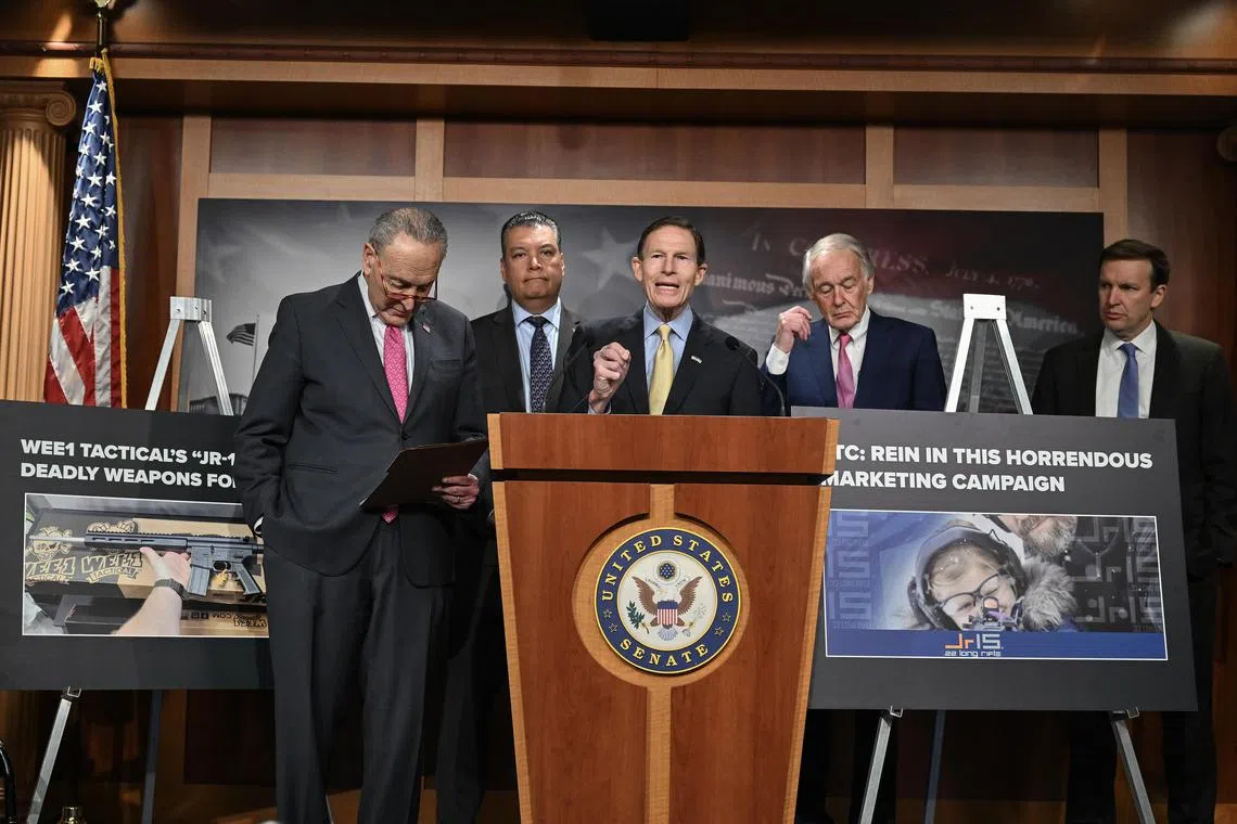 Democratic Senator Richard Blumenthal speaks during a press conference over Wee 1 Tactical's "JR-15" rifle.
