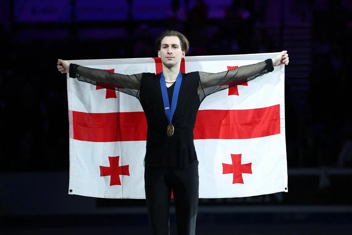 Figure Skating - ISU Figure Skating European Championships - Sheffield Arena, Sheffield, Britain - January 17, 2026 Georgia's Nika Egadze celebrates on the podium after winning the Men's Figure Skating Action Images via Reuters/Andrew Boyers