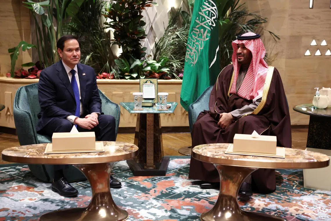 U.S. Secretary of State Marco Rubio meets with Saudi Arabia's Crown Prince Mohammed bin Salman, in Riyadh, Saudi Arabia, February 17, 2025. REUTERS/Evelyn Hockstein/Pool