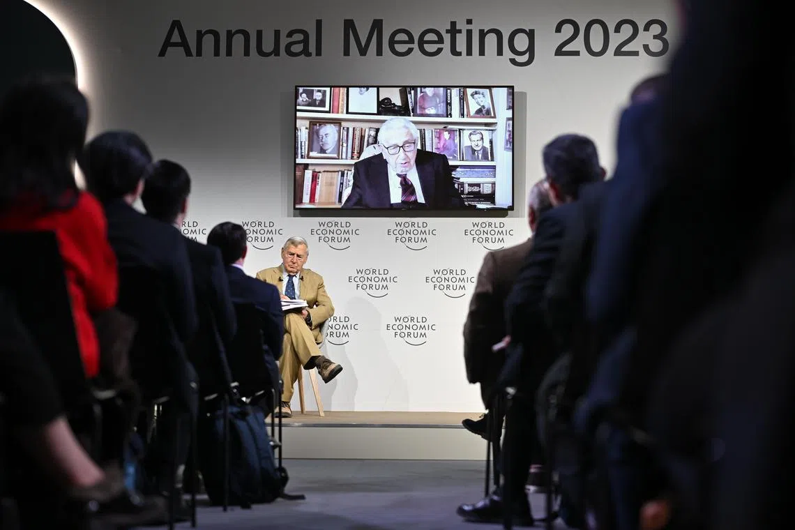 Henry Kissinger speaks virtually to delegates at the World Economic Forum in Davos, Switzerland.