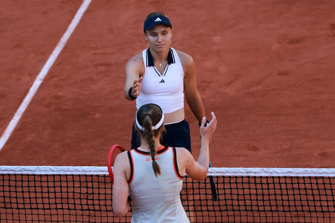 Tennis - French Open - Roland Garros, Paris, France - May 27, 2026 Ukraine's Yuliia Starodubtseva and Kazakhstan's Elena Rybakina shake hands after their second round match REUTERS/Stephanie Lecocq