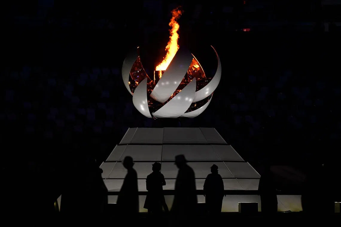 The Olympic Cauldron and the Olympic flame during the closing ceremony of the Tokyo 2020 Olympic Games, at the Olympic Stadium in Tokyo.