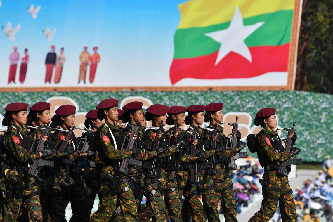Members of the Myanmar military mark the country's Independence Day in Naypyidaw, on Jan 4, 2023.
