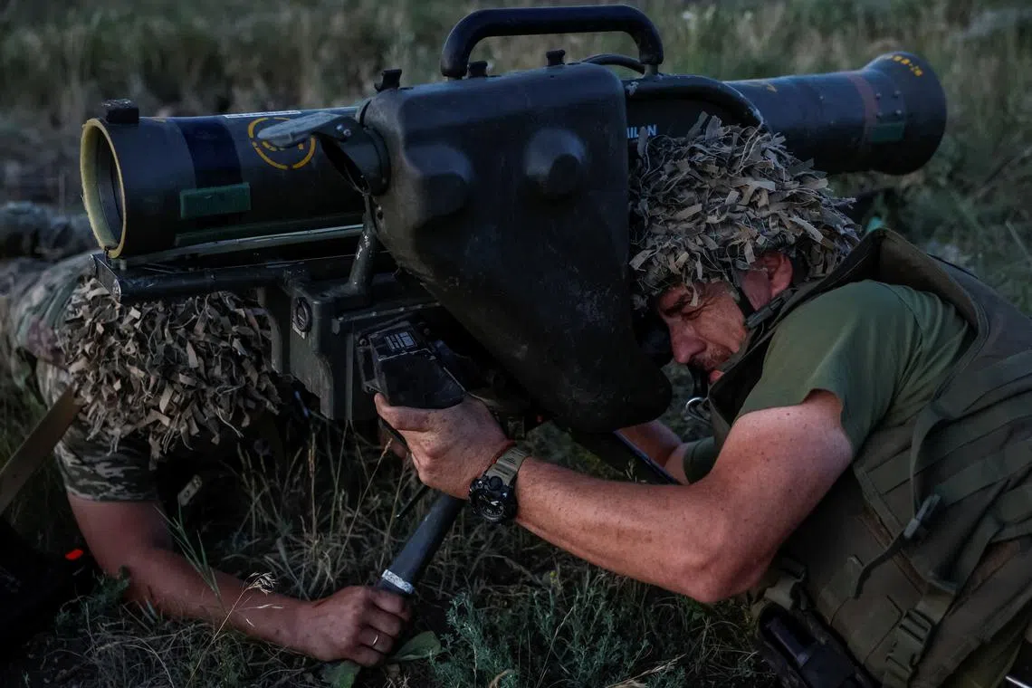 FILE PHOTO: Ukrainian service members of the 33rd Separate Mechanised Brigade practice firing an anti-tank guided missile weapon system MILAN as they attend a military drill near a frontline, amid Russia's attack on Ukraine, in Donetsk region, Ukraine June 13, 2024. REUTERS/Alina Smutko/File Photo