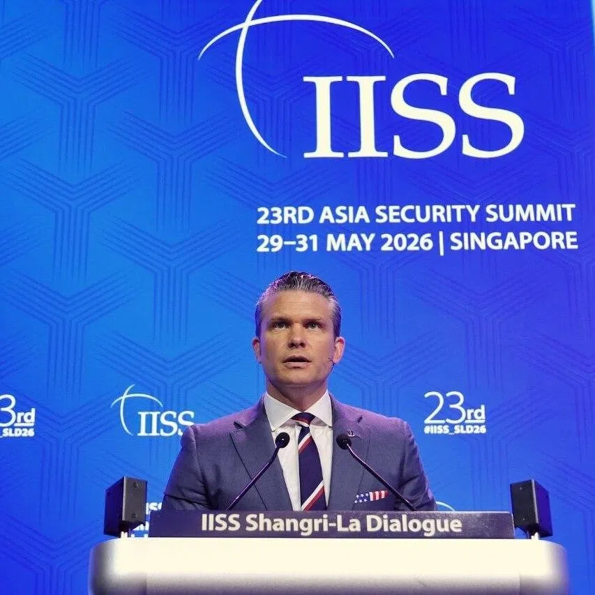US Secretary of War Pete Hegseth speaking at the Shangri-La Dialogue on May 30.