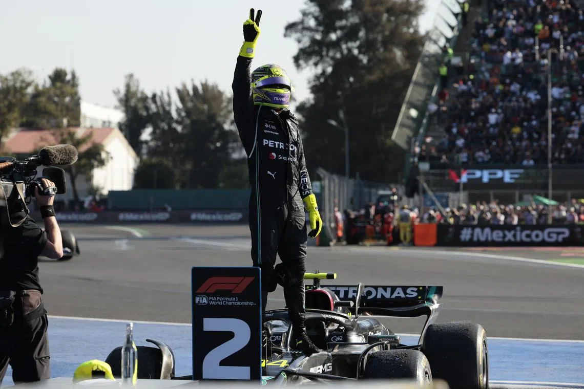 Lewis Hamilton of Mercedes reacting at the end of the Mexican Grand Prix at the Hermanos Rodriguez track in Mexico City.