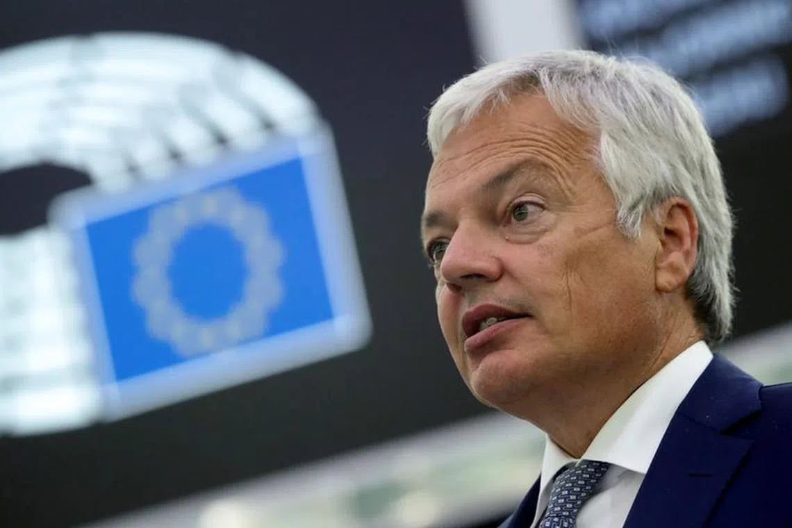 FILE PHOTO: European Justice Commissioner Didier Reynders addresses the European Parliament plenary session in Strasbourg, France September 15, 2021. REUTERS/Yves Herman/Pool/File Photo