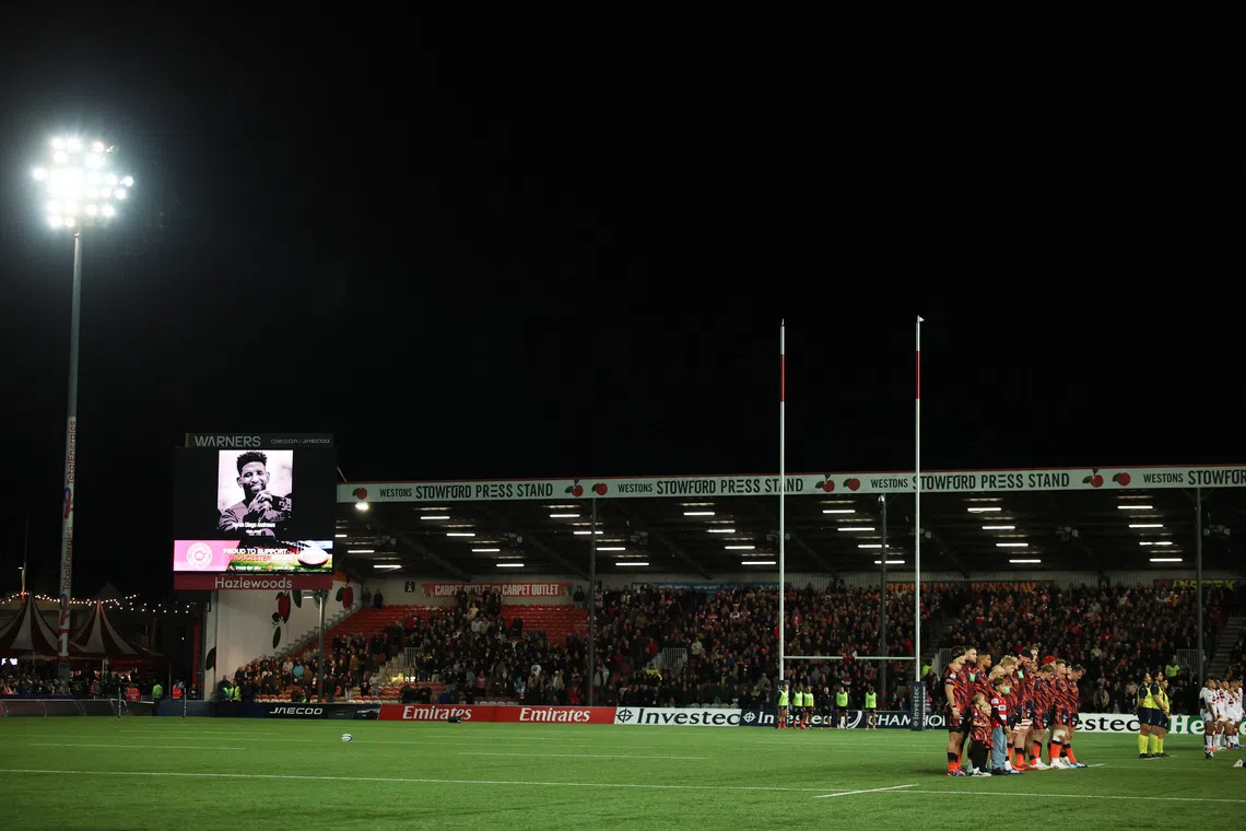 Rugby Union - European Champions Cup - Gloucester v Bordeaux Begles - Kingsholm Stadium, Gloucester, Britain - October 16, 2026 The big screen displays an image in memory of former rugby player Hyron Andrews during a minutes silence before the match Action Images via Reuters/Andrew Boyers