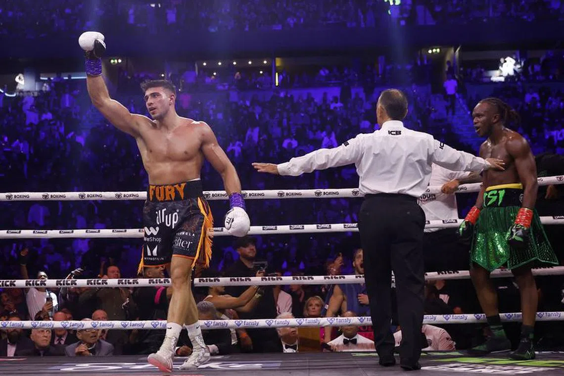 Boxing - KSI v Tommy Fury - AO Arena, Manchester, Britain - October 14, 2023 Tommy Fury celebrates winning his fight against KSI Action Images via Reuters/Jason Cairnduff