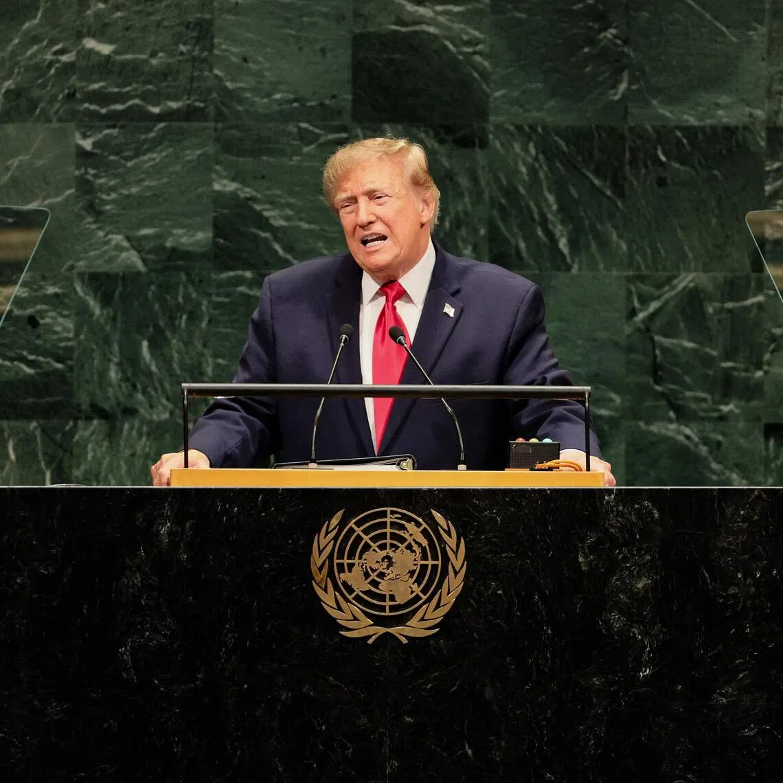 US President Donald Trump speaking at the United Nations General Assembly on Sept 22, in New York City.