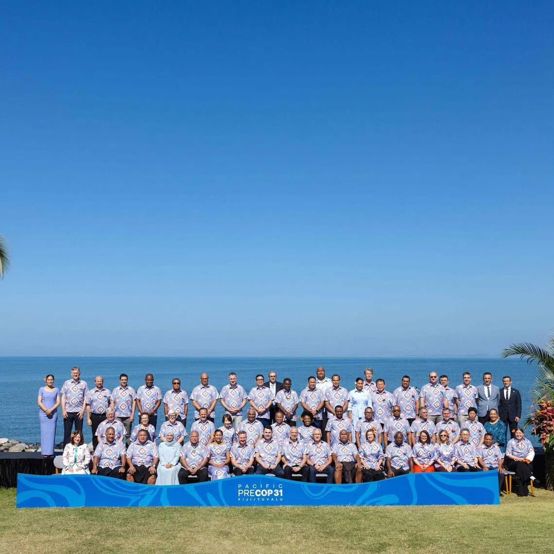 Pacific leaders and delegates posing for a family photo at the conclusion of the final day of the Pacific Pre-COP31 Summit in Nadi, Fiji.