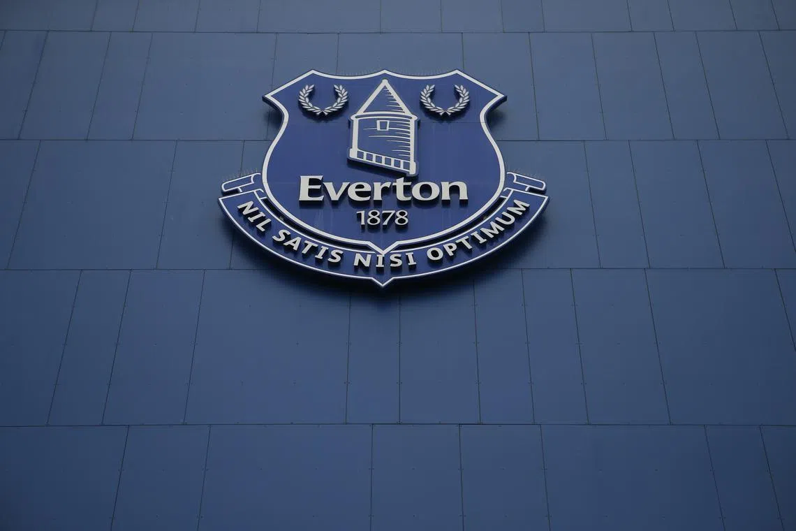 FILE PHOTO: The Everton logo is seen at Goodison Park, home of Everton Football Club in Liverpool, Britain, March 2, 2022 REUTERS/Craig Brough/ File photo