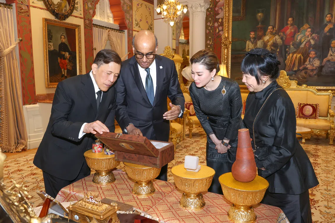 President Tharman Shanmugaratnam (second from left) and his spouse Jane Ittogi Shanmugaratnam (far right)  had a royal audience with Thailand’s King Maha Vajiralongkorn (far left) and Queen Suthida Bajrasudhabimalalakshana.