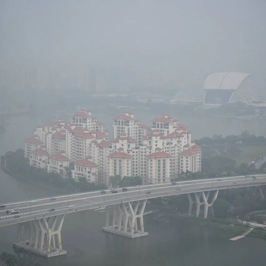 The Singapore skyline shrouded in the haze as seen from the Marina Bay Street Circuit at 5pm on Oct 10.