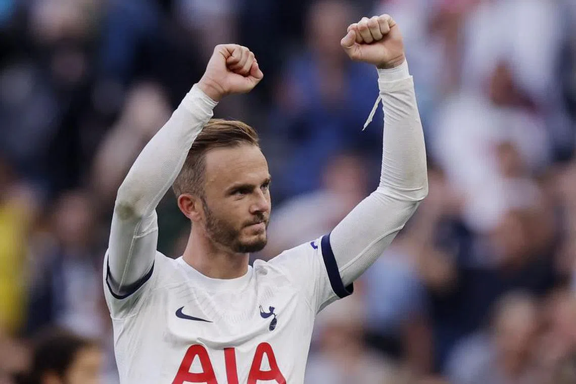 FILE PHOTO: Soccer Football - Premier League - Tottenham Hotspur v Manchester United - Tottenham Hotspur Stadium, London, Britain - August 19, 2023 Tottenham Hotspur's James Maddison celebrates after the match Action Images via Reuters/Andrew Couldridge/File Photo