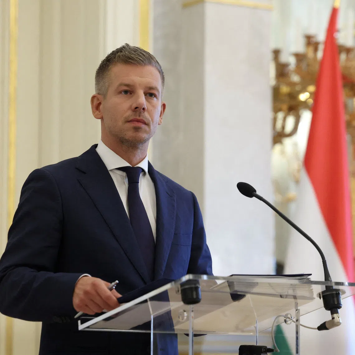 FILE PHOTO: Hungarian Prime Minister Peter Magyar speaks during a press conference with Hungarian interim President Agnes Forsthoffer (not pictured) on energy crisis, in Budapest, Hungary, August 3, 2026. REUTERS/Bernadett Szabo/ File Photo