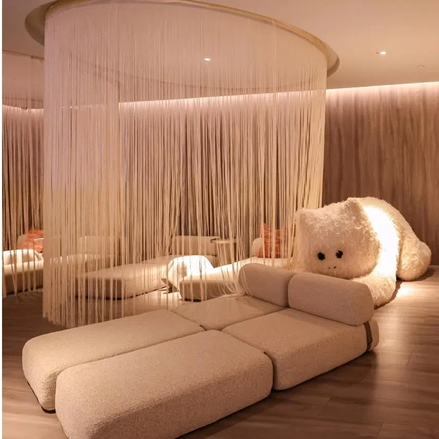 Interior of the leisure area at House Bubble (left) and a photo shoot at Yagyo Haven.