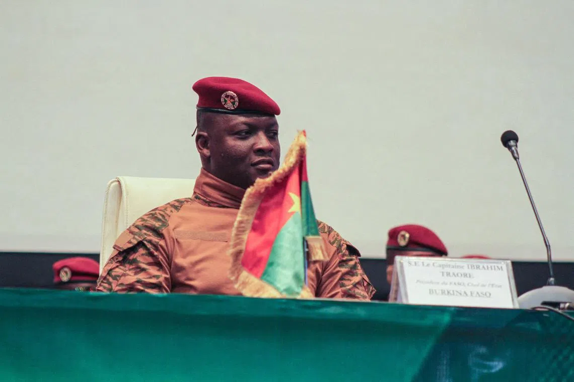 FILE PHOTO: Burkina Faso junta leader Captain Ibrahim Traore attends the first ordinary summit of heads of state and governments of the Alliance of Sahel States (AES) in Niamey, Niger July 6, 2024. REUTERS/ Mahamadou Hamidou/File Photo