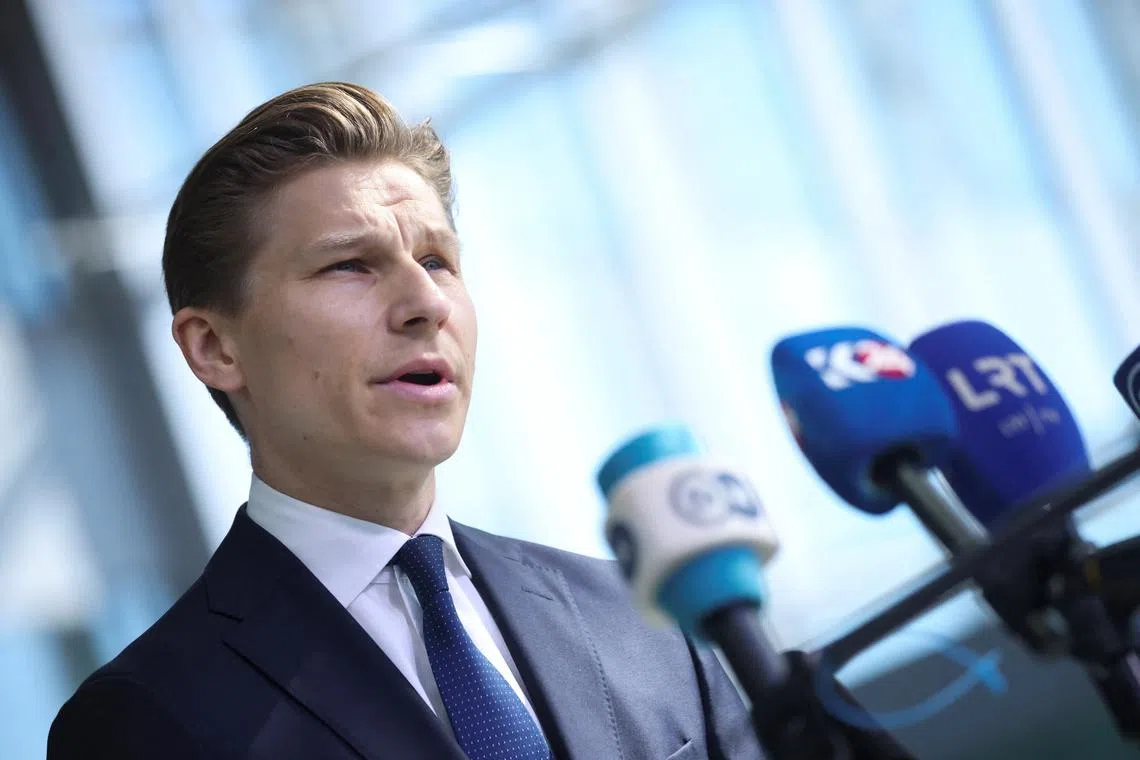 Finland's Defence Minister Antti Hakkanen speaks to the media on the day of the NATO defence ministers' meeting at the Alliance's headquarters in Brussels, Belgium June 13, 2024. REUTERS/Johanna Geron
