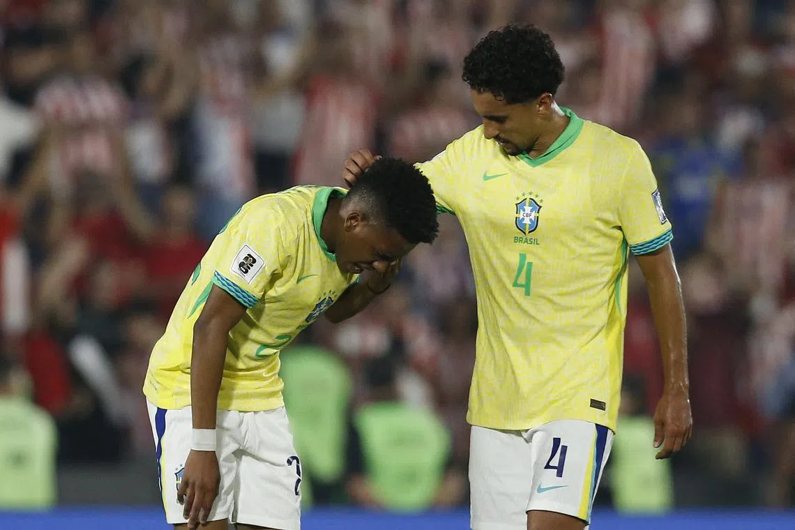 Soccer Football - World Cup - South American Qualifiers - Paraguay v Brazil - Estadio Defensores del Chaco, Asuncion, Paraguay - September 10, 2024 Brazil's Marquinhos and Estevao look dejected after the match REUTERS/Cesar Olmedo