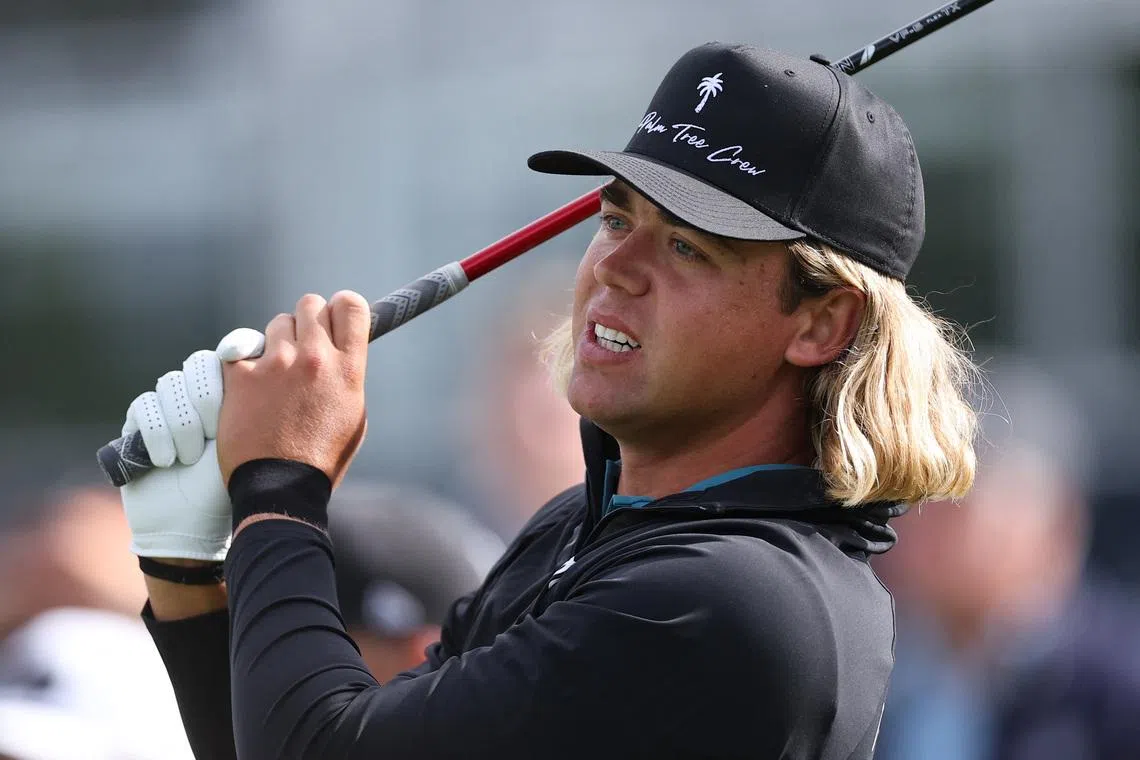 May 11, 2026; Newtown Square, Pennsylvania, Garrick Higgo plays a shot on the ninth hole during a practice round of the PGA Championship golf tournament at Aronimink Golf Club. Mandatory Credit: Bill Streicher-Imagn Images