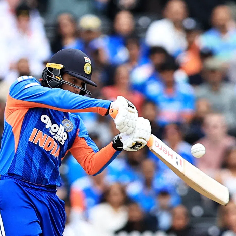 FILE PHOTO: Cricket - Second T20 International - England v India - Old Trafford, Manchester, Britain - July 4, 2026 India's Abhishek Sharma in action as he hits four runs off the bowling of England's Jofra Archer Action Images via Reuters/Craig Brough/File Photo