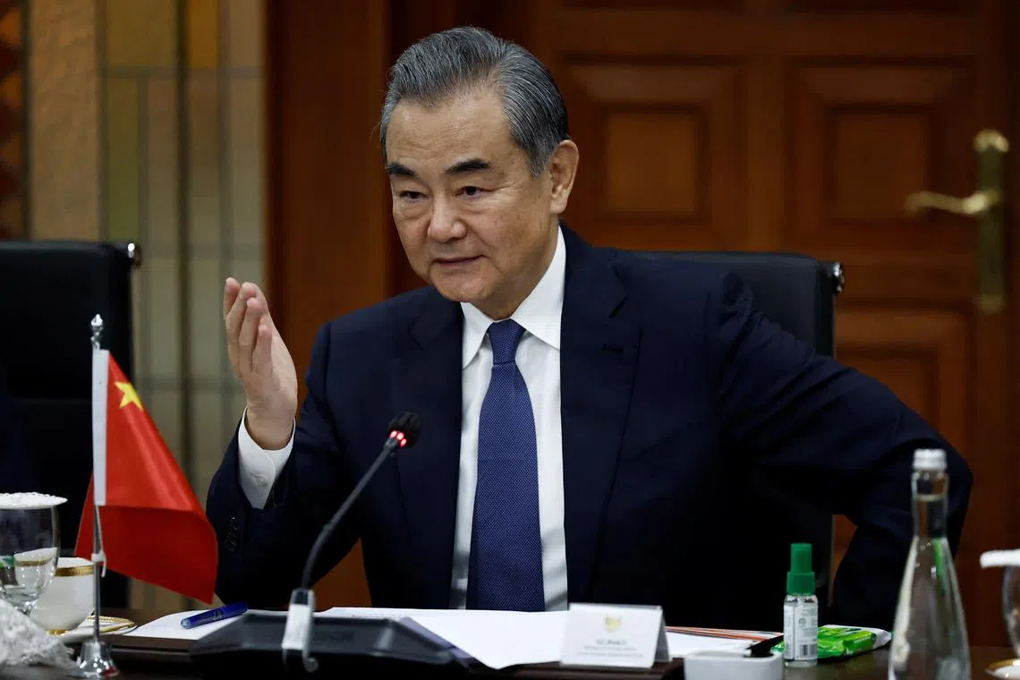 Chinese foreign minister Wang Yi gestures as he speaks during a bilateral meeting with Indonesian foreign minister Retno Marsudi in Jakarta, Indonesia, April 18, 2024. REUTERS/Willy Kurniawan/Pool/ File Photo
