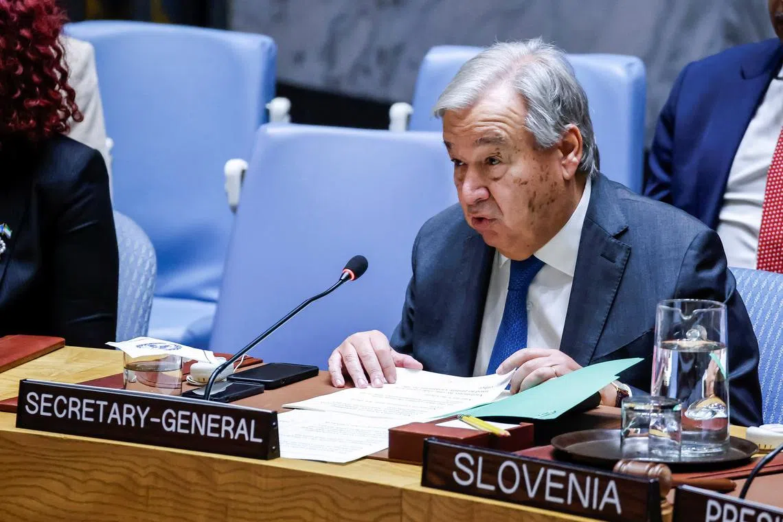 United Nations Secretary-General Antonio Guterres speaks during a Security Council meeting during the 79th United Nations General Assembly at U.N. headquarters in New York, U.S., September 27, 2024.  REUTERS/Eduardo Munoz/File Photo