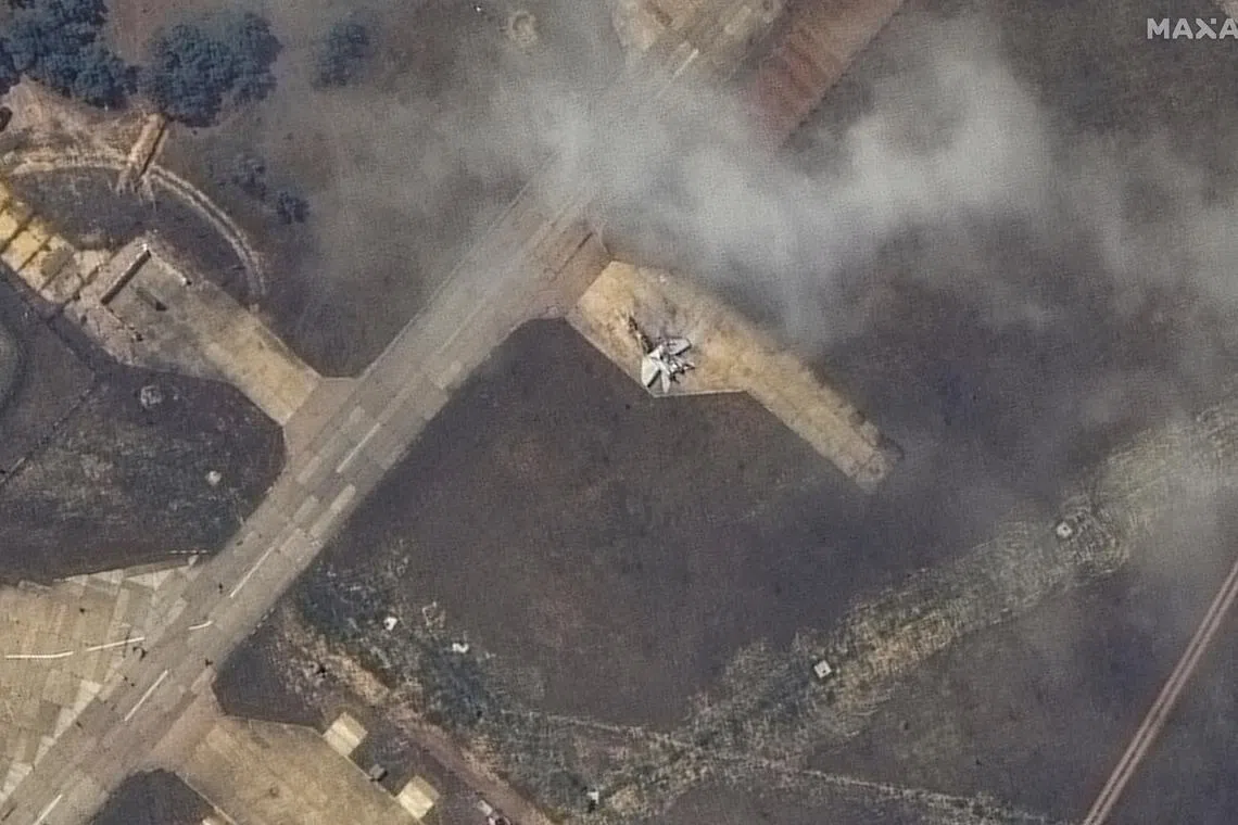 A satellite image shows what appears to be a damaged MiG29 fighter following an attack at Belbek Airbase, amid Russia's attack on Ukraine, in Crimea May 16, 2024.   Maxar Technologies/Handout via REUTERS